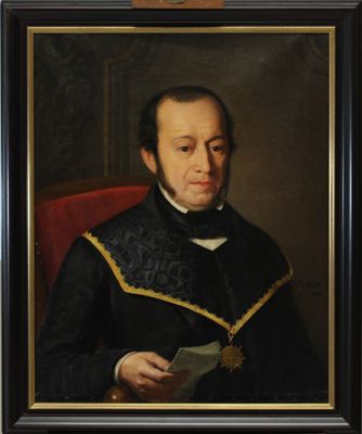a painting of a man in a black coat holding a piece of paper