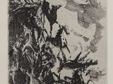 une image d'un dessin en noir et blanc d'un homme sur un cheval