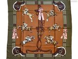 silk scarf with horses and jockeys on a brown background