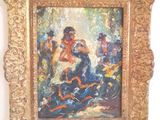 Une image représentant un tableau d'une femme en robe bleue est accrochée au mur.