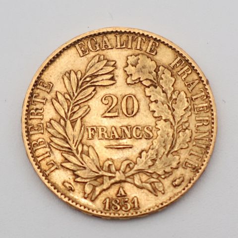 Pièce de monnaie en or à valeur faciale de vingt francs 1851. Fra...
