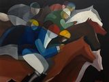 une peinture représentant un groupe de jockeys à cheval