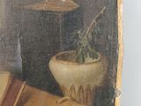 a painting of a chair and a vase on a table