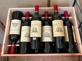 bottles of red wine in a wooden box on a table
