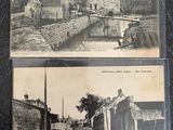 two black and white photos of a street with a bridge and buildings