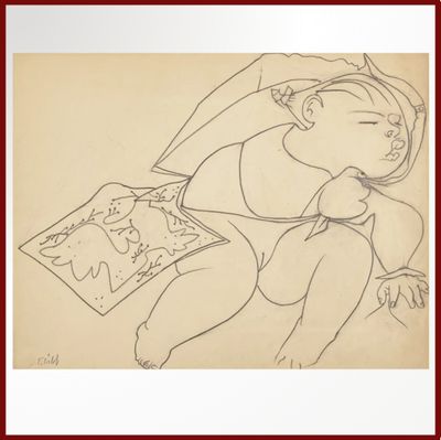 un dessin représentant un bébé en train de lire un livre par terre