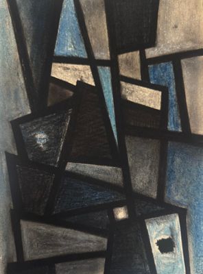 une image représentant une peinture aux motifs géométriques noirs et bleus