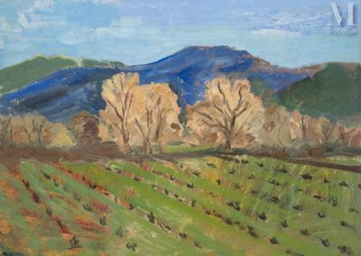 une peinture à l'huile représentant un champ vert avec des arbres et des montagnes en arrière-plan