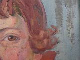 a painting of a woman with a red hat on