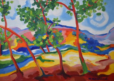 peinture représentant un paysage avec des arbres et des montagnes en arrière-plan