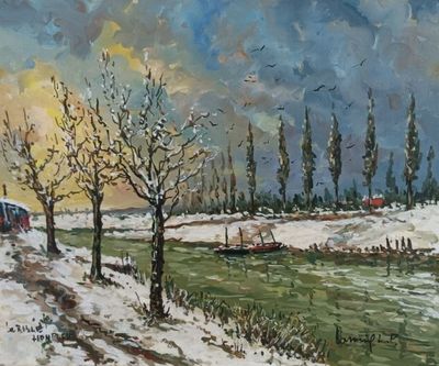 painting of a snowy landscape with a train on the tracks