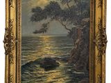 a painting of a sunset over the ocean with a tree in the foreground