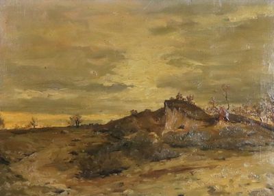 painting of a landscape with a castle in the distance and trees in the foreground
