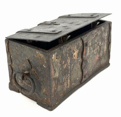 an old metal box with a lock on it on a white background