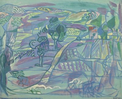 une image d'un tableau représentant un paysage avec des arbres au premier plan