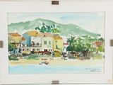 a picture of a watercolor painting of a town by the water