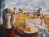 une peinture représentant une femme tenant un oiseau dans sa main