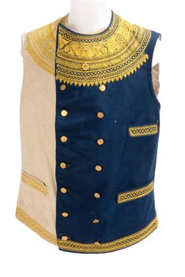 an image of a blue vest with gold trimmings and buttons
