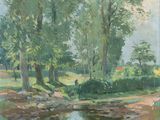 an image of a painting of a stream in a wooded area