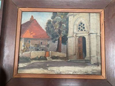 Ecole XXe Entrée de l'église Huile sur panneau 31 x 39 cm Lo…