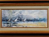 an oil painting of sailboats in the ocean on a cloudy day