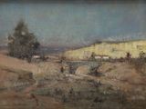 peinture représentant un paysage avec un pont enjambant une rivière et des bâtiments
