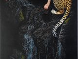 un tableau représentant une femme allongée sur un rocher, à côté d'un léopard