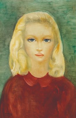 un tableau représentant une jeune fille aux cheveux blonds et aux yeux bleus