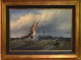 une peinture à l'huile représentant un bateau sur une mer agitée, avec un homme à bord au premier plan