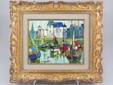 une peinture à l'huile représentant des bateaux dans un port avec des bâtiments à l'arrière-plan