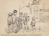drawing of a group of children standing in front of a house