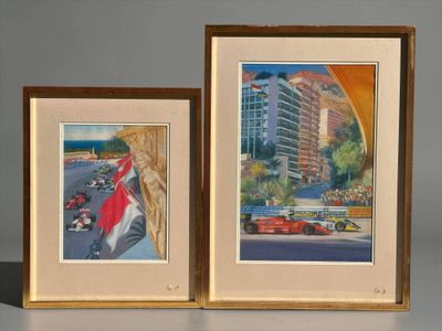 two framed pictures of a man and a woman on a city street