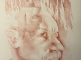 drawing of a man with a monkey on top of his head