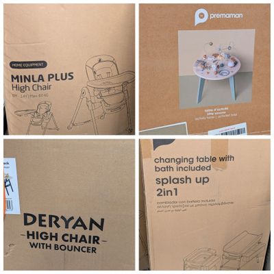 plusieurs photos d'une boîte sur laquelle figure l'image d'un bébé dans une chaise haute
