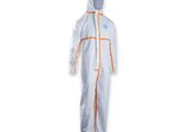 a white coverall with orange trims and a hood