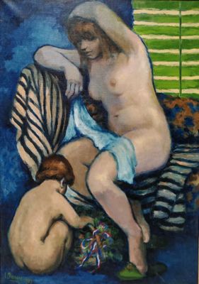 tableau représentant une femme assise sur un canapé à côté d'un homme nu