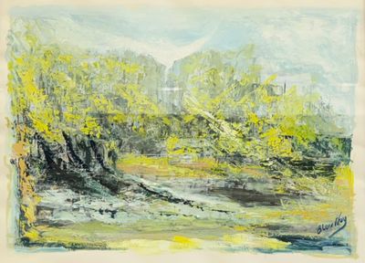 l'image d'une peinture représentant une rivière avec des arbres en arrière-plan