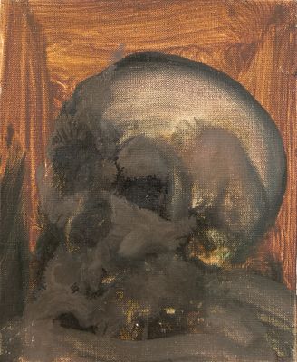 une peinture à l'huile représentant un crâne posé dans une boîte en bois