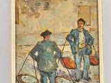 tableau représentant deux hommes marchant dans une rue avec des bagages