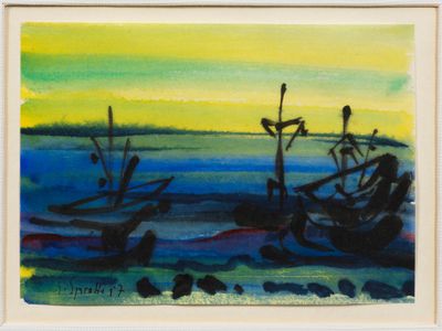 une peinture représentant des bateaux sur l'eau, avec le ciel en arrière-plan