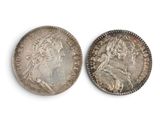 two silver coins, one of which has a bust and the other of which is a bust