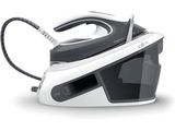 an image of a black and white steam iron on a white background