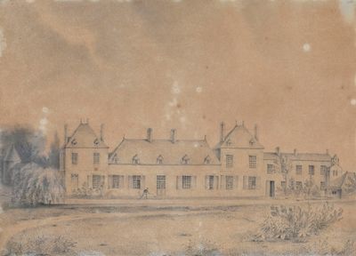 dessin représentant un dessin d'un bâtiment devant lequel se trouve un cheval