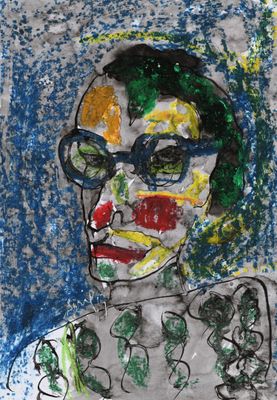 painting of a woman with glasses and a clown face
