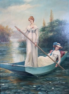 a painting of a woman and a child in a boat on the water