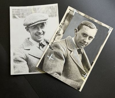 two black and white photos of a man in a hat and a man in a coat