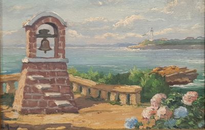 a painting of a bell tower with a view of the ocean