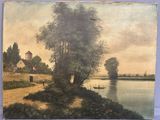 an oil painting of a river scene with a boat in the water