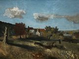 an image of a painting of a person in a field with a house in the background