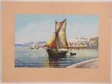 a painting of a sailboat on the water with a city in the background